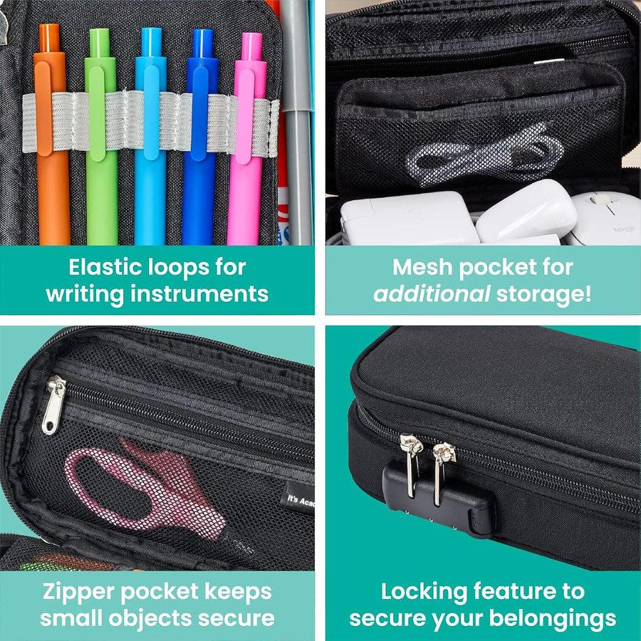 It's Academic Locking Pencil Case, Black, angle 4
