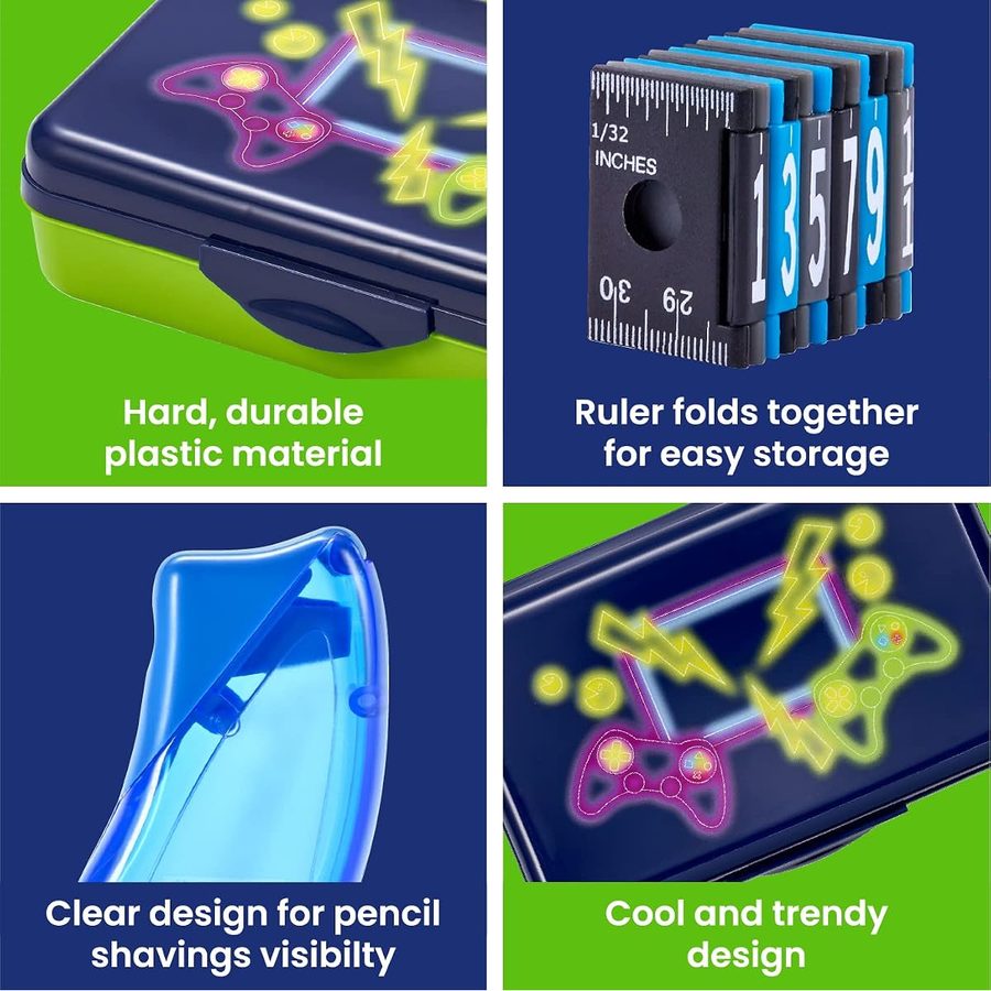 It's Academic Pencil Box Kit with Ruler and Sharpener, Blue Gaming Design, angle 4