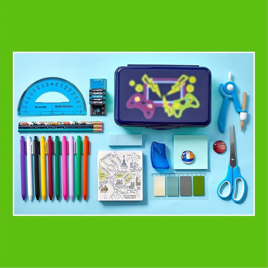 It's Academic Pencil Box Kit with Ruler and Sharpener, Blue Gaming Design, angle 5