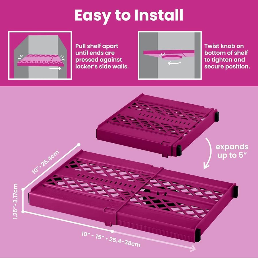 LockerMate Adjust-A-Shelf Locker Shelf, Fuchsia Pink, 2-Pack, angle 3