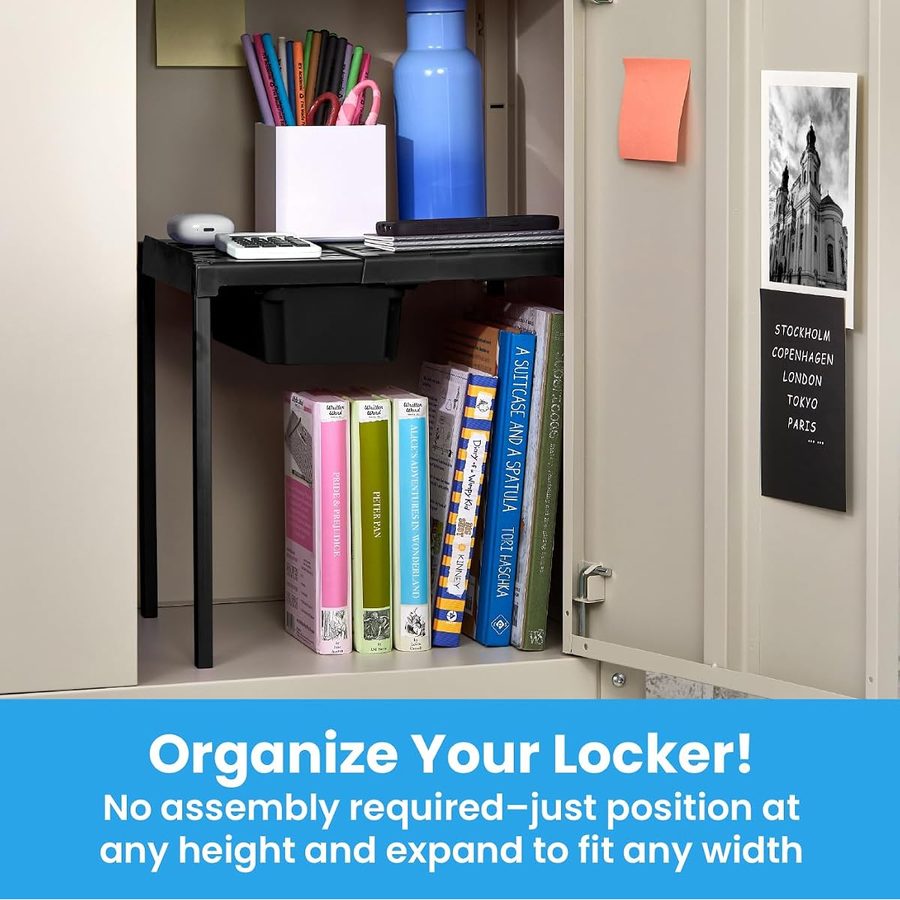 LockerMate Adjust-A-Shelf Locker Shelf with Storage Drawer, Black, angle 2
