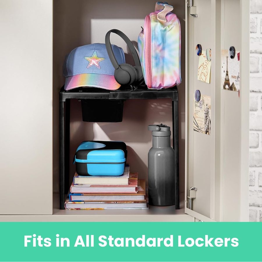 LockerMate Adjust-A-Shelf Locker Shelf with Storage Drawer, Black, angle 3