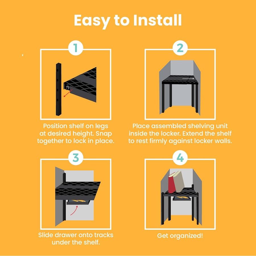 LockerMate Adjust-A-Shelf Locker Shelf with Storage Drawer, Black, angle 5
