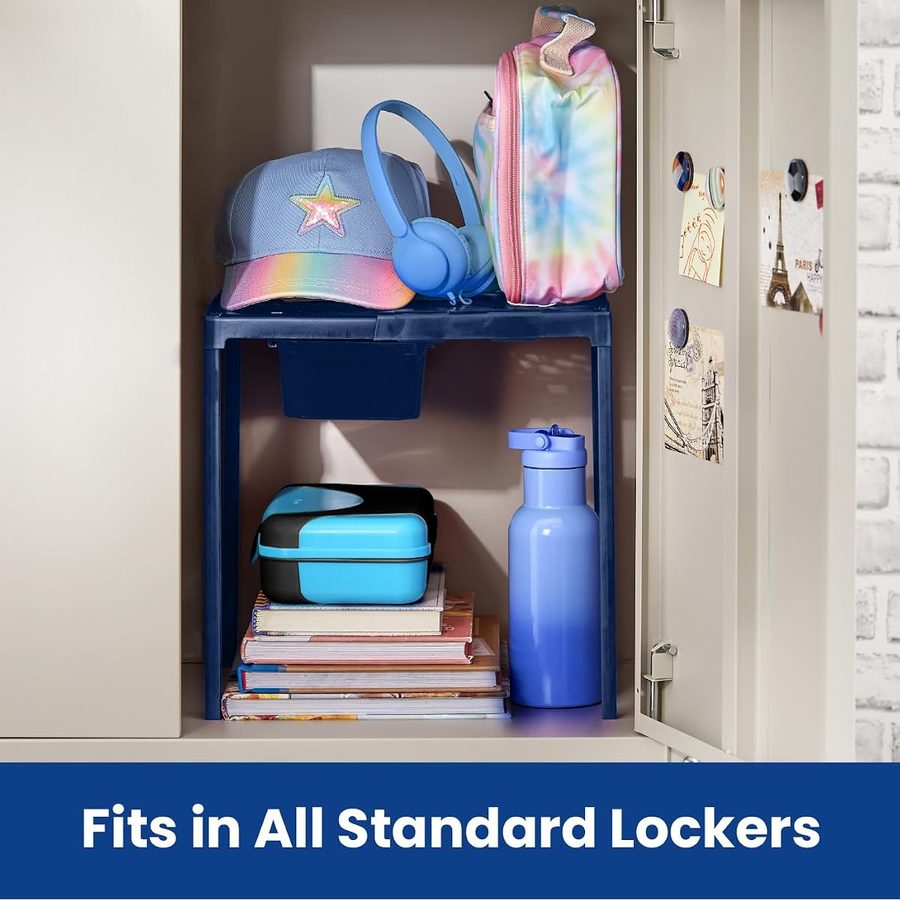 LockerMate Adjust-A-Shelf Locker Shelf with Storage Drawer, Blue, angle 3