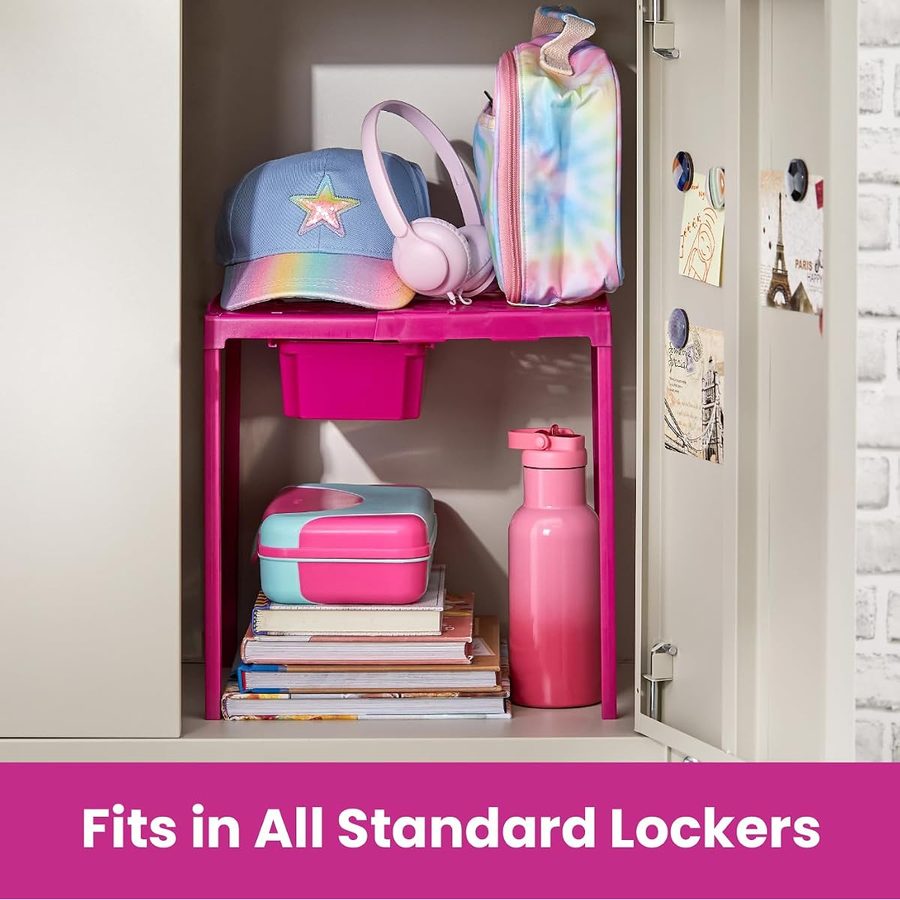 LockerMate Adjust-A-Shelf Locker Shelf with Storage Drawer, Pink, angle 3