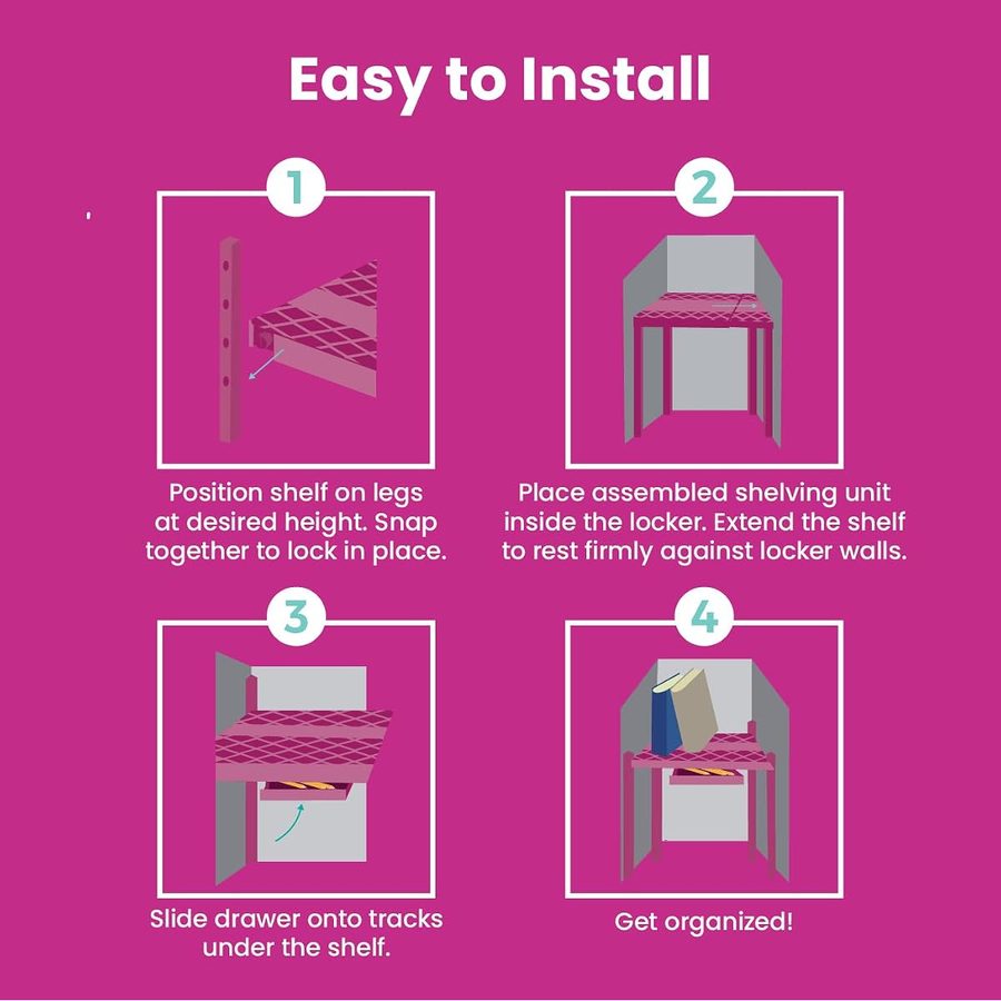 LockerMate Adjust-A-Shelf Locker Shelf with Storage Drawer, Pink, angle 5