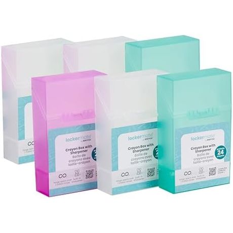 LockerMate Crayon Box with Sharpener, Clear, Purple and Mint, Pack of 6