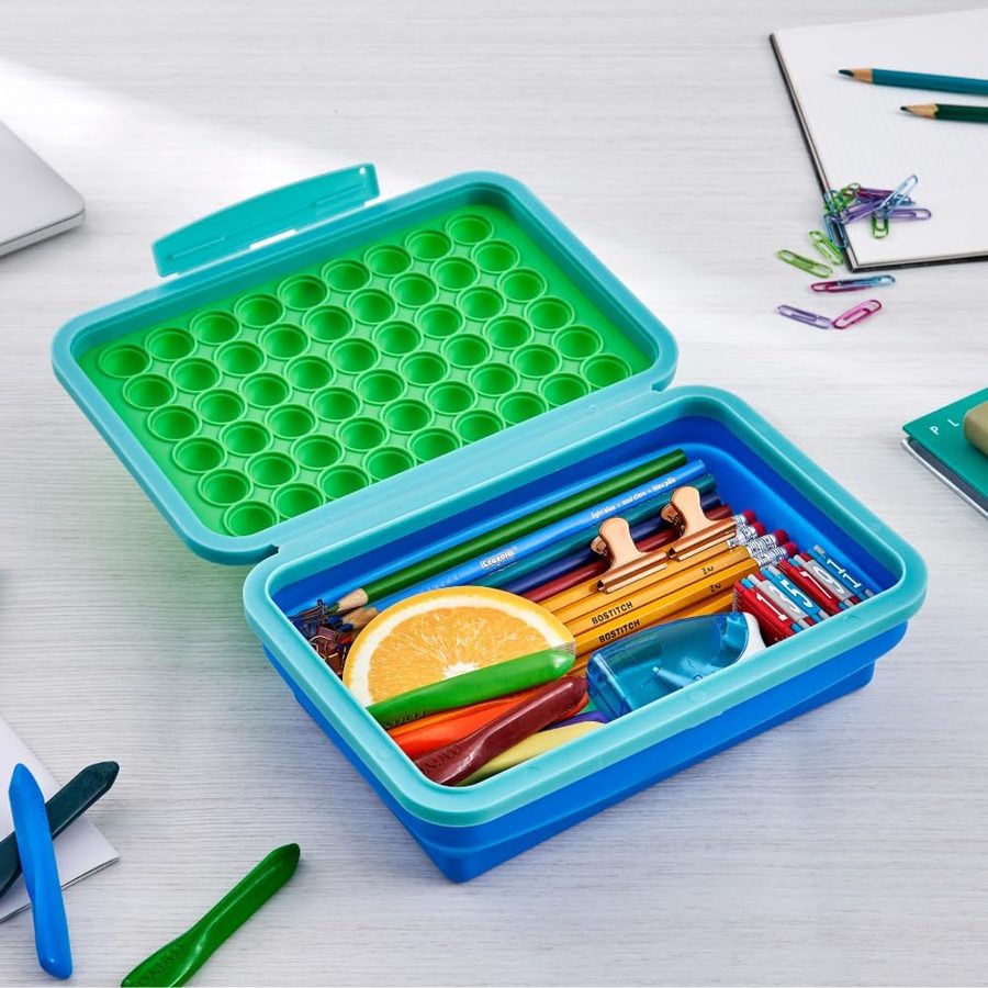 LockerMate by Bostitch Expandable Pencil Box with Pop-It Top, Green and Blue, angle 2