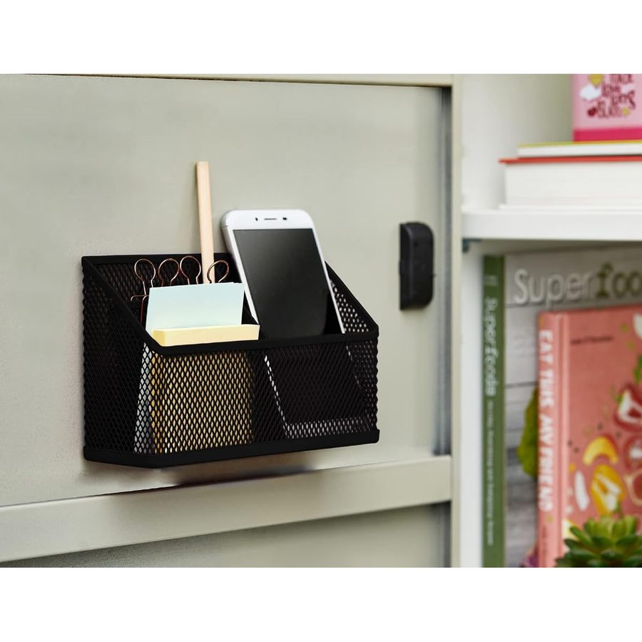 LockerMate Magnetic Pencil Holder with 3 Mesh Compartments, Black, angle 4