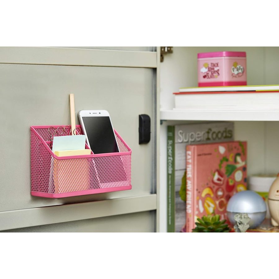 LockerMate Magnetic Pencil Holder with 3 Mesh Compartments, Pink, angle 2