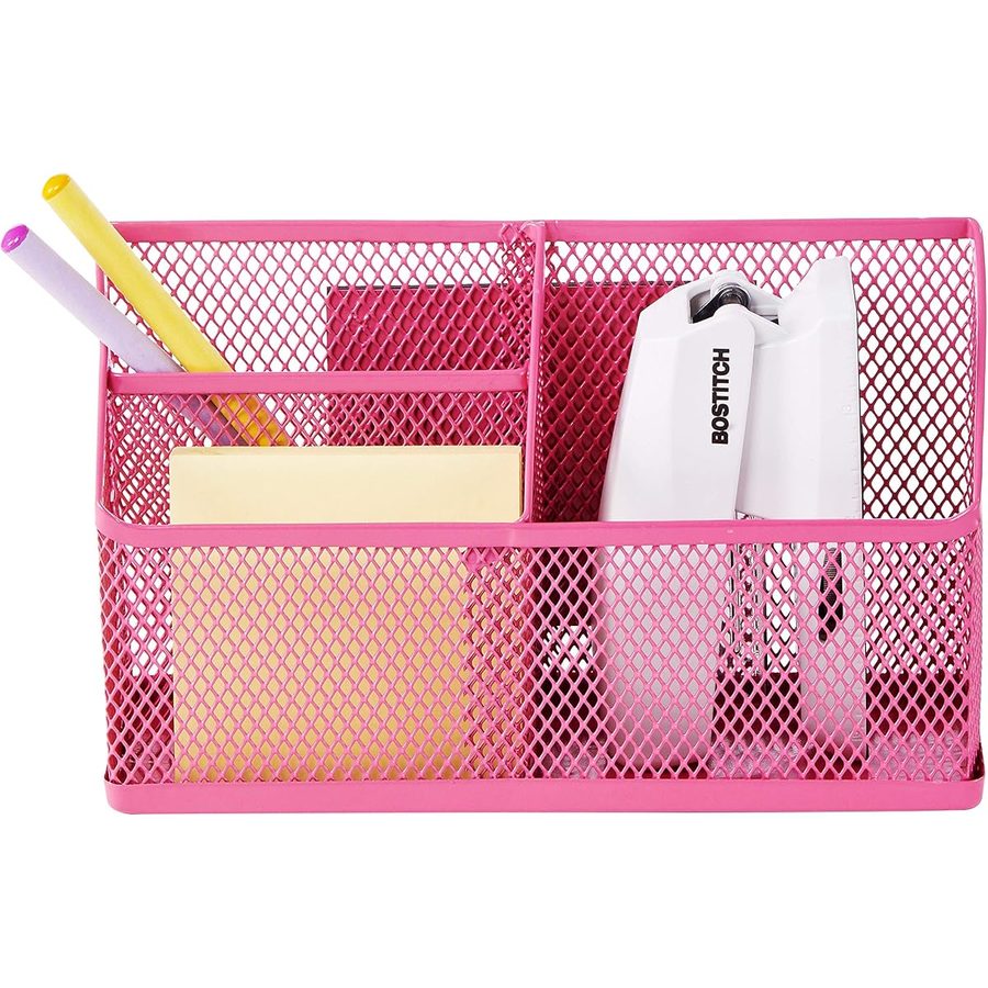 LockerMate Magnetic Pencil Holder with 3 Mesh Compartments, Pink, angle 4