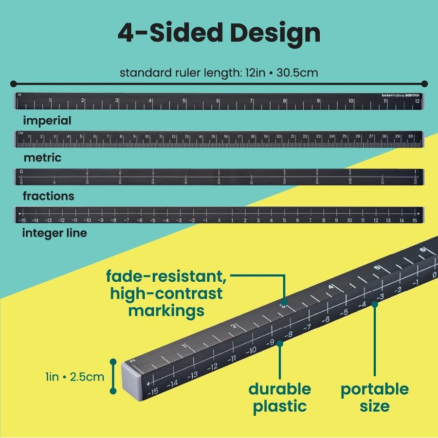 LockerMate MeasureMate Learning Ruler, Four-Sided, Black, 2-Pack, angle 3