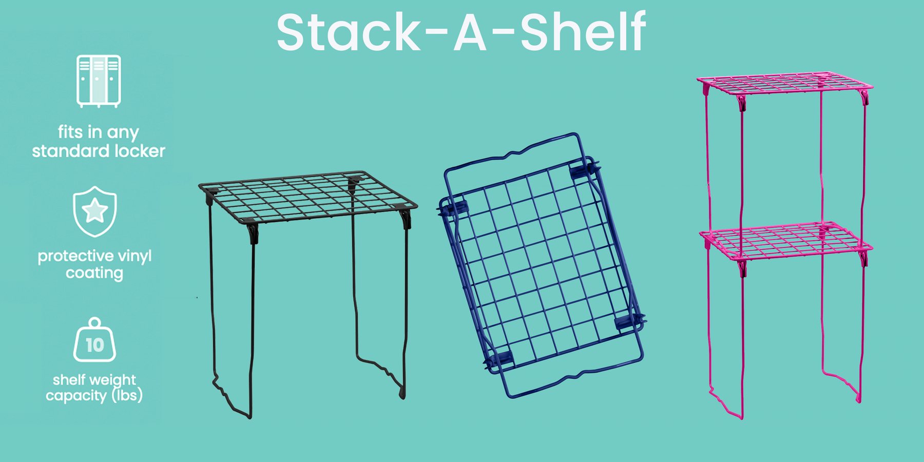 LockerMate Stac-A-Shelf stackable locker shelves in black, navy and pink